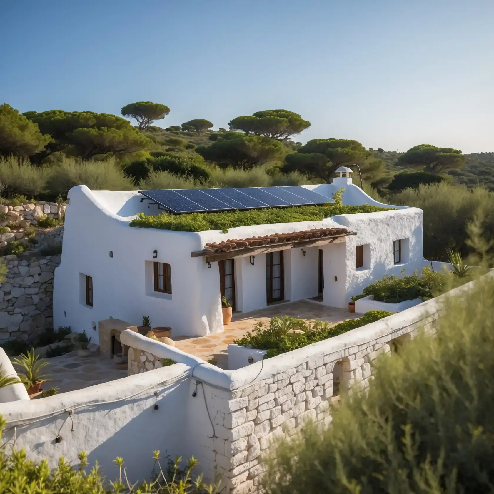 Casa sostenible en Ibiza con muros blancos, sombra vegetal y eficiencia energética