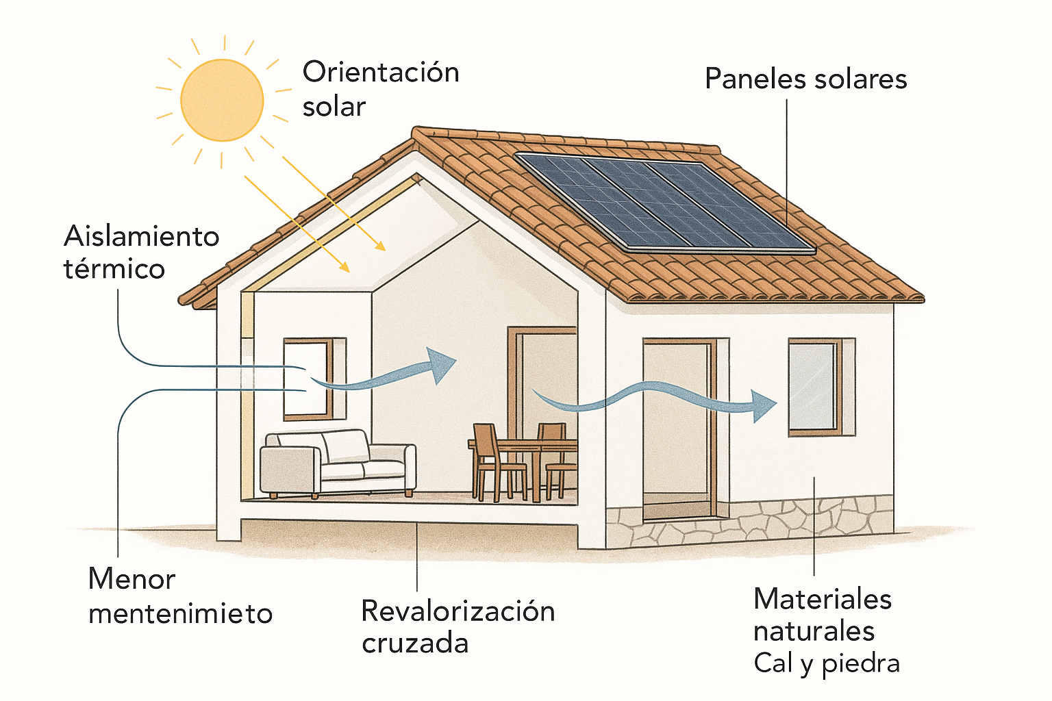 Infografía sobre vivienda sostenible en Ibiza con aislamiento, orientación solar y ventilación cruzada